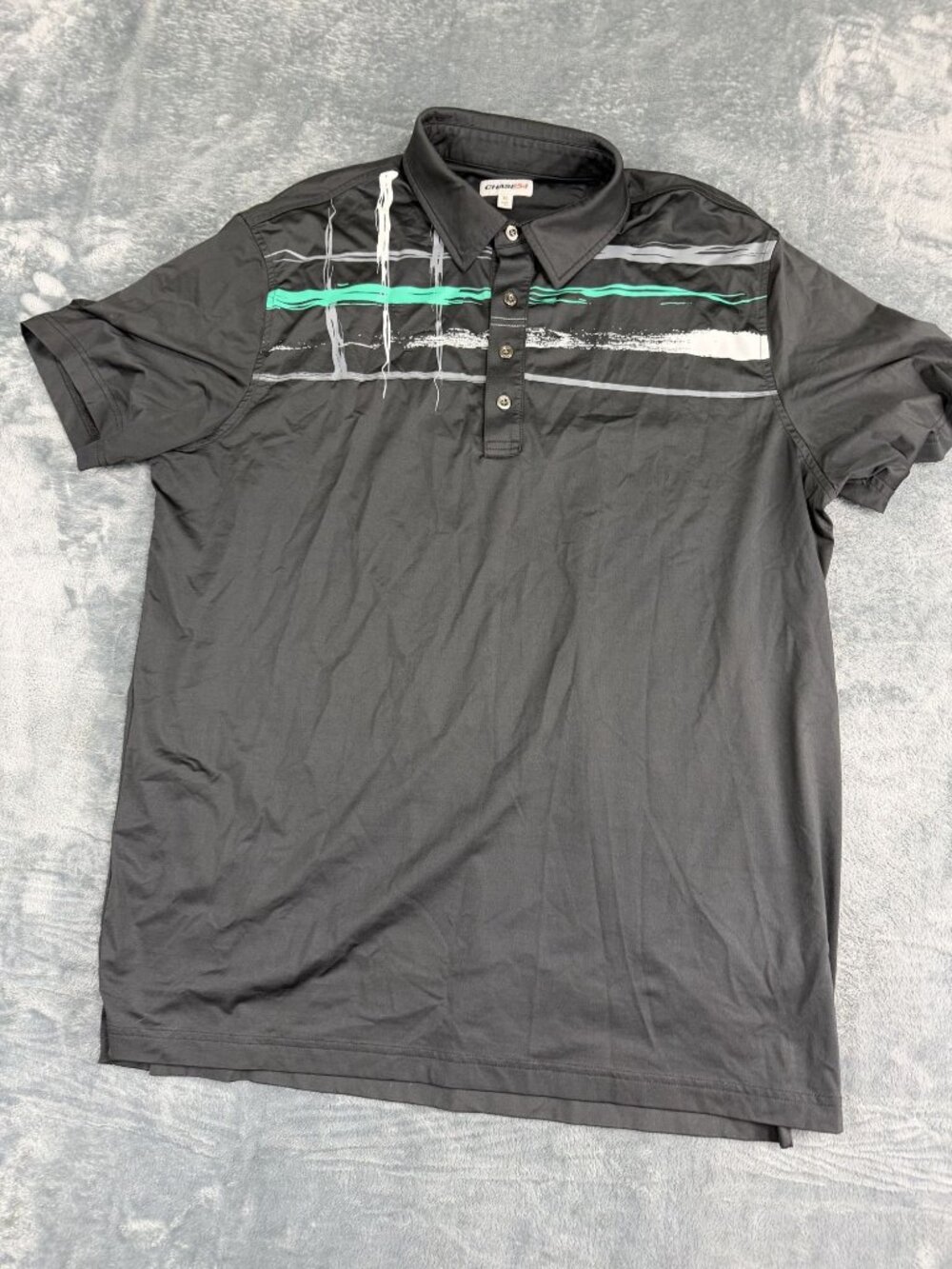 Chase54 Mens Black Green Gray Abstract Stripe Short Sleeve Polo Shirt XL